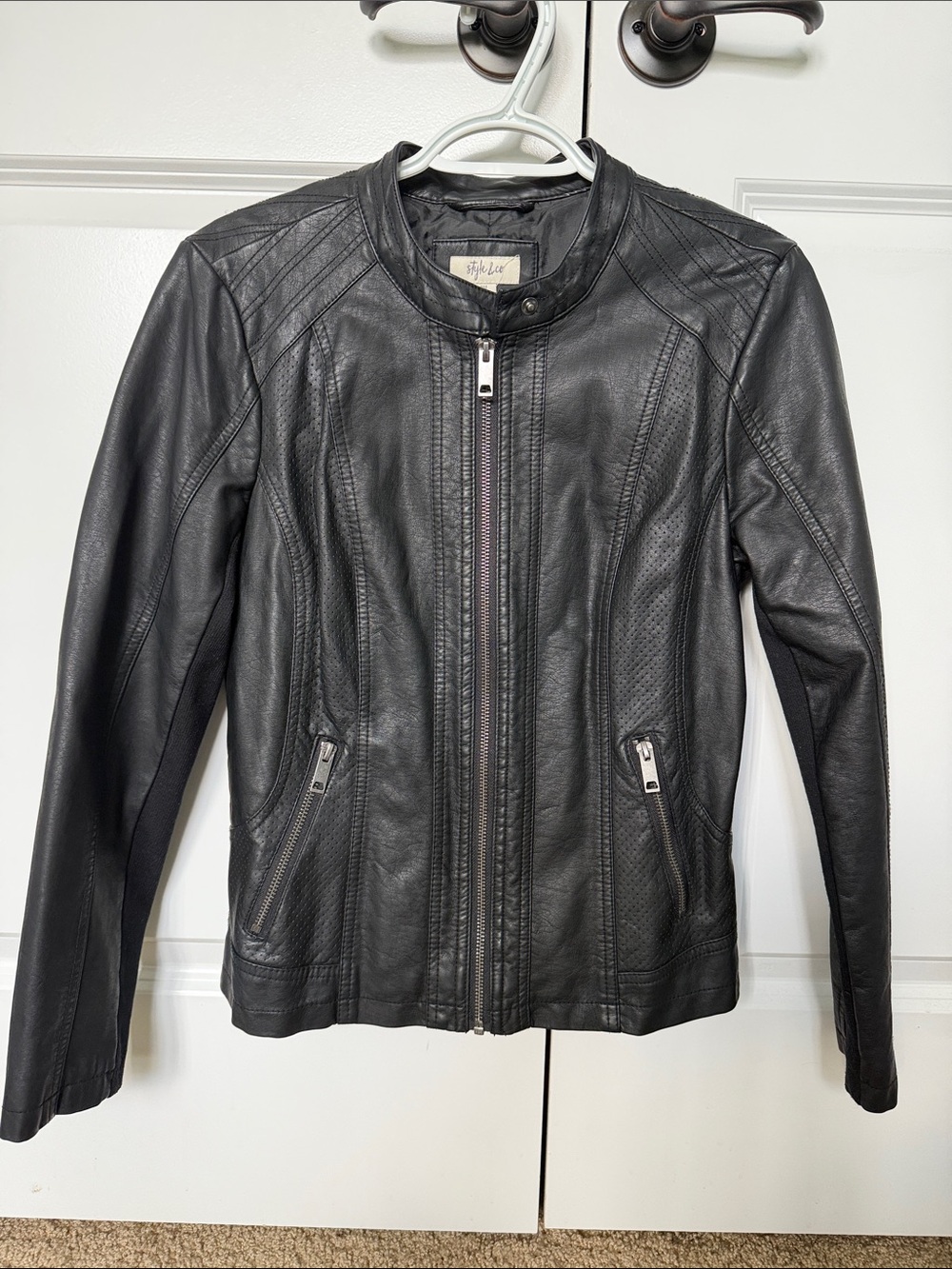 Style & Co. Black Faux Leather Moto Jacket with Quilted Panels